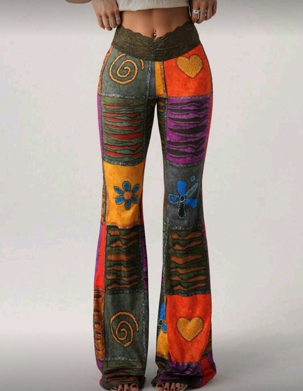 NWT Medium Patchwork Print Pants Lace Waist Stretch Flares